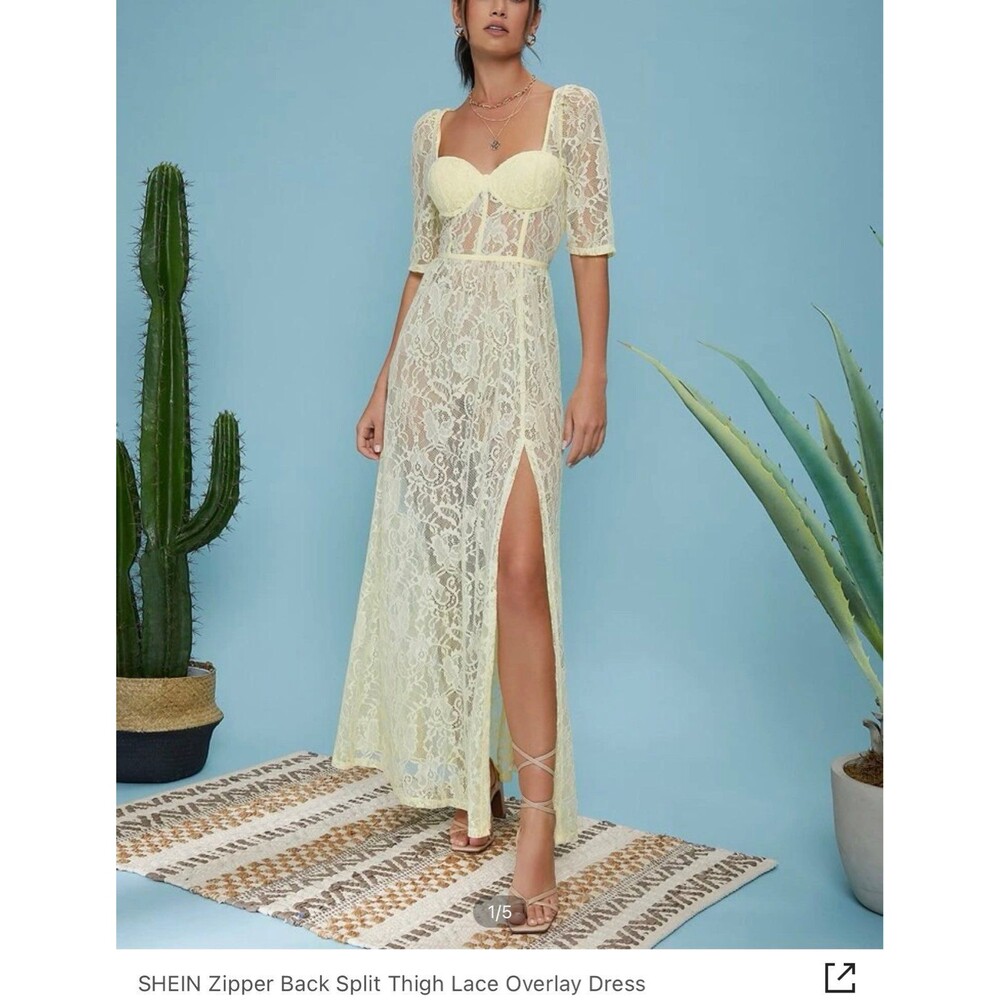 SHEIN Zipper Back Split Thigh Lace Overlay Dress Yellow / 4 Maxi Dress
